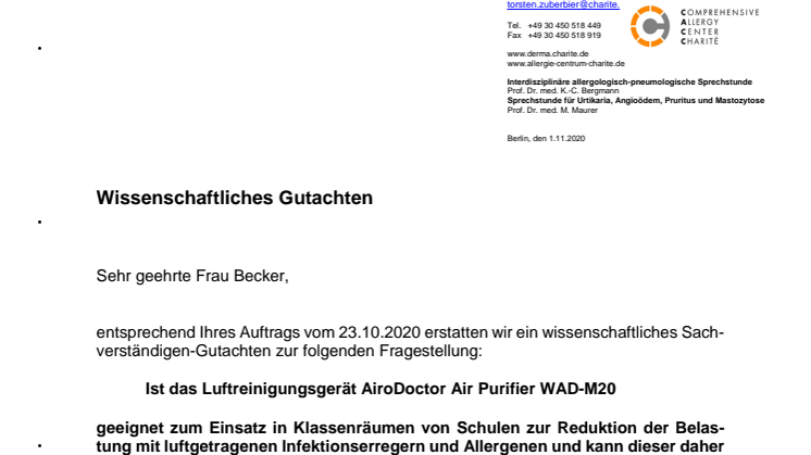 Gutachten der Berliner Charité bestätigt hochwirksame Leistung des AiroDoctor Luftreiniger