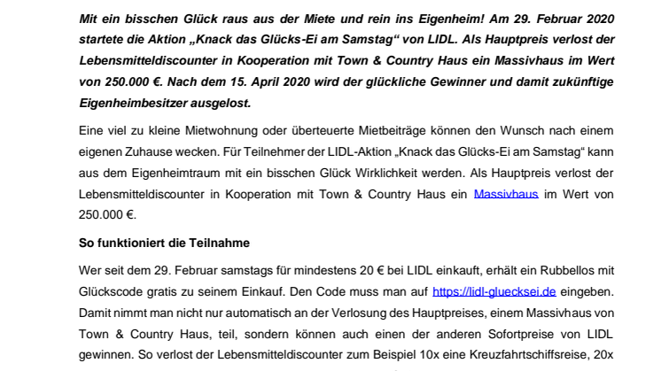 „Knack das Glücks-Ei am Samstag“ – LIDL verlost Town & Country Haus Massivhaus