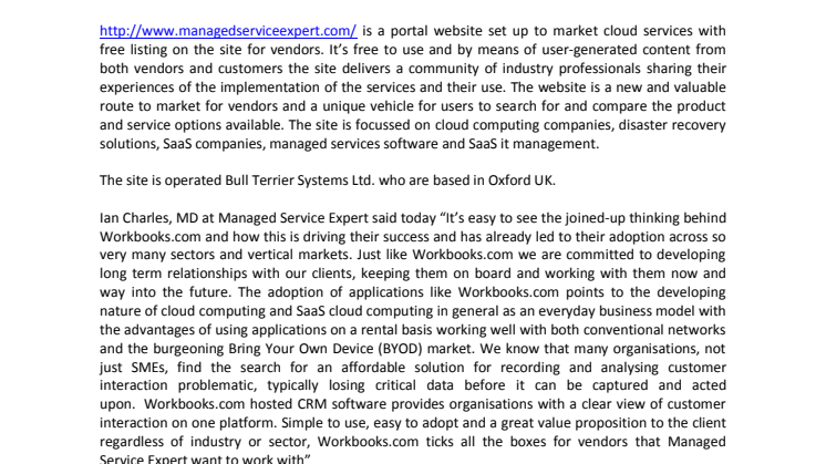 Managed Service Expert unveils partnership with Workbooks.com and innovative cloud services portal website.