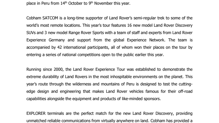 Cobham SATCOM: EXPLORER Terminals Delivered for Land Rover Tour of Peru 