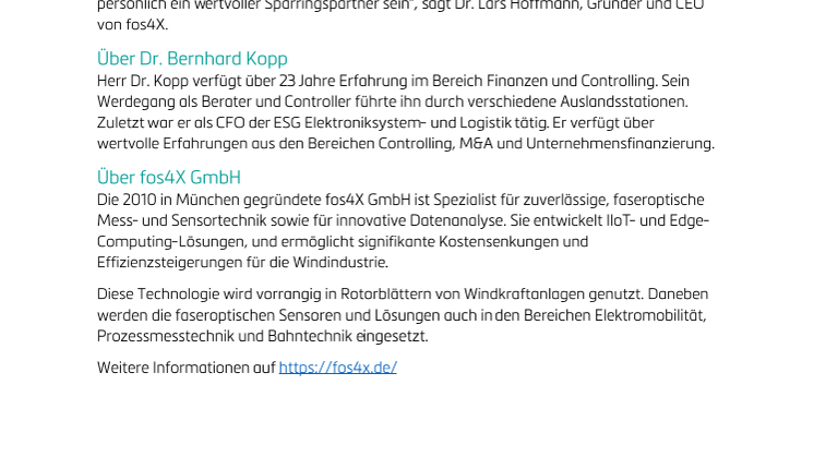 Dr. Bernhard Kopp wird neuer Chief Financial Officer (CFO) von fos4X