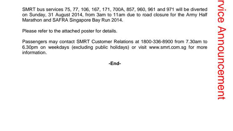 Road Diversion due to Army Half Marathon and SAFRA Singapore Bay Run on 31 August 2014