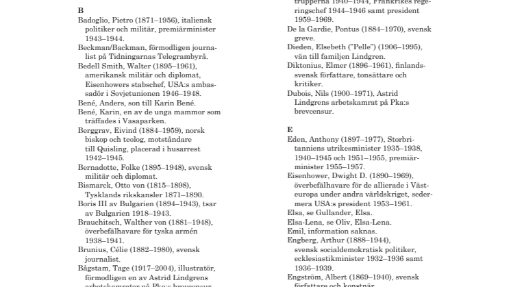 Personregister från Astrid Lindgrens krigsdagböcker
