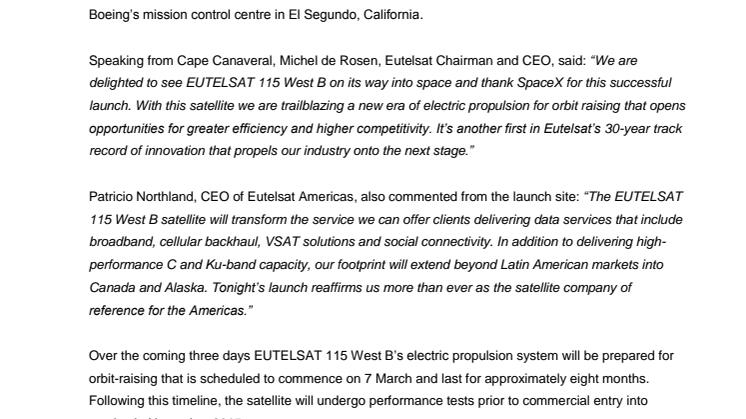 EUTELSAT 115 West B launched successfully into space 