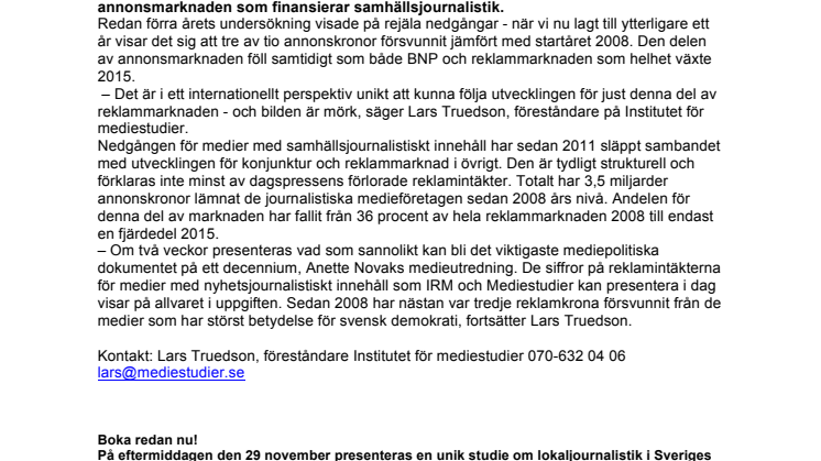 Trots bra reklamår sjunker reklamintäkterna till journalistik
