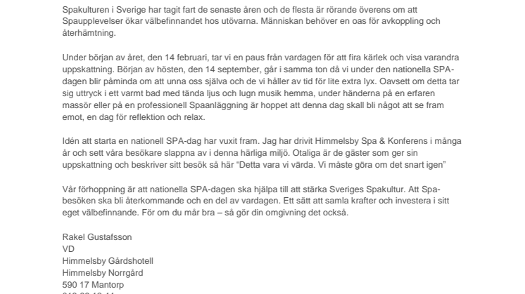 Sverige får Nationell SPA-dag den 14/9