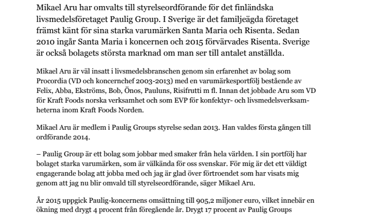 Mikael Aru styrelseordförande i Paulig Group