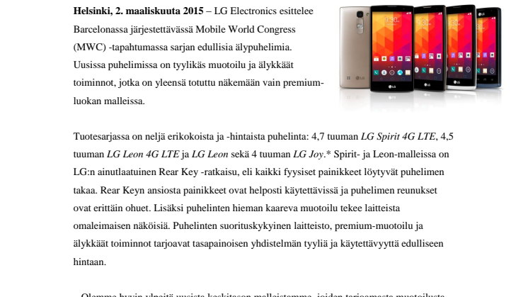 LG SPIRIT, LEON JA JOY – UUDET ÄLYPUHELIMET TARJOAVAT PREMIUM-MUOTOILUA EDULLISEEN HINTAAN