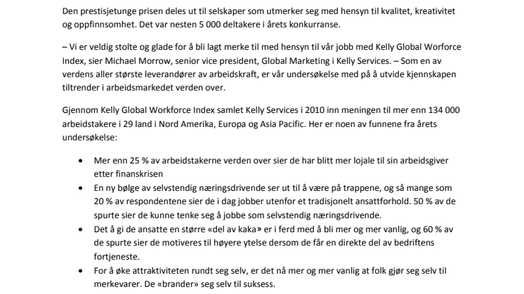 Kelly Services® vinner «2010 MarCom Platinum Award» for Kelly Global Workforce Index™