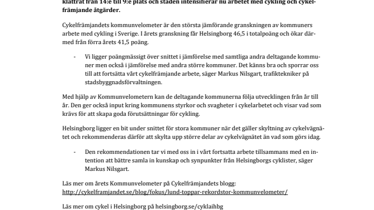 ​Helsingborg allt bättre som cykelstad