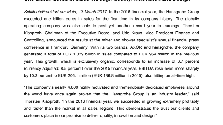 Laatu, innovaatiot ja muotoilu siivittivät Hansgrohe Groupin yli miljardin euron myyntiin vuonna 2016