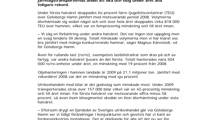 Minskade godsvolymer i Göteborgs Hamn 2009 - Ljusning andra halvåret och fortsatt järnvägsökning