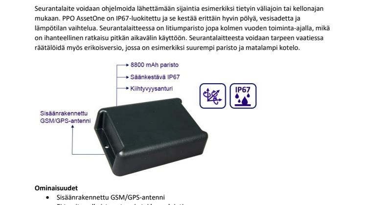 Uutta konttien, koneiden ja laitteiden paikannukseen: Pienikokoinen seurantalaite PPO AssetOne  