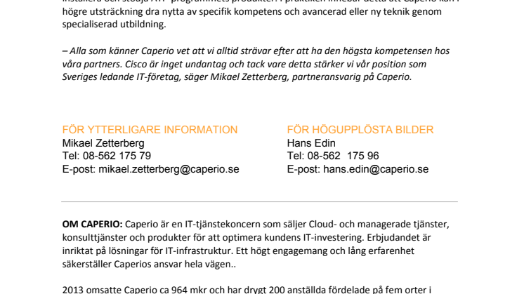 CAPERIO ERHÅLLER MVG i ATP AV CISCO 