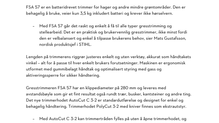 Få fine kanter raskt med den nye batteridrevne gresstrimmeren FSA 57 
