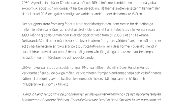 Hand in Hand välkomnar FNs nya hållbarhetsmål där fattigdomsbekämpning har högsta prioritet
