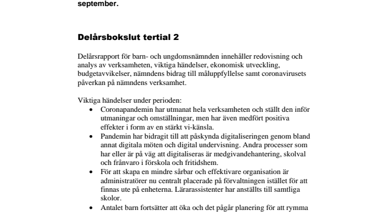 Kort från barn- och ungdomsnämnden i september 