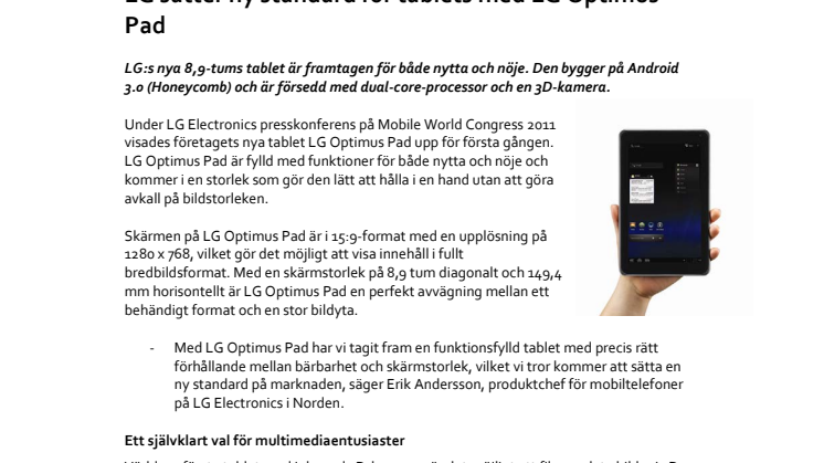  LG sätter ny standard för tablets med LG Optimus Pad 