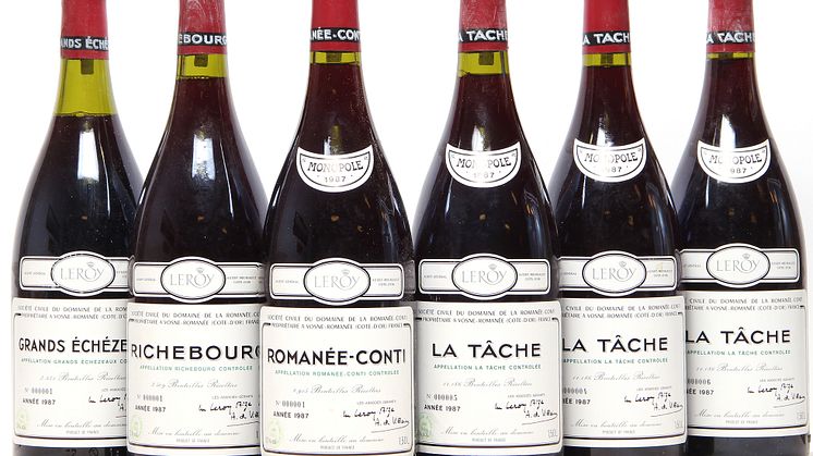 1 bt. Mg. Romanée Conti Grand Cru, Domaine de la Romanée Conti 1987 A (hf/in). etc. Total 6 bts. Sold for: DKK 290,000 (€ 50,000 including buyer’s premium)