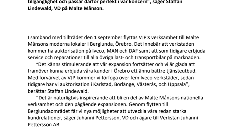 Malte Månson förvärvar Iveco-auktoriserade  Verkstan Juhanni Pettersson AB (”VJP”) i Örebro