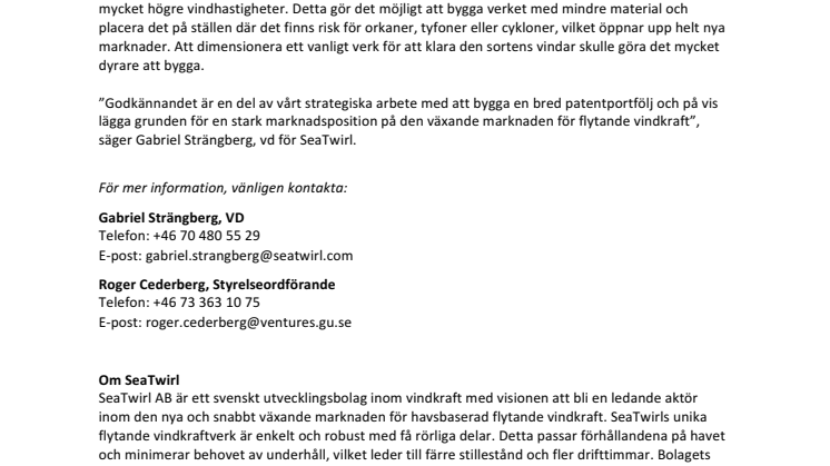 SeaTwirl beviljas patent för dynamisk turbin i Europa