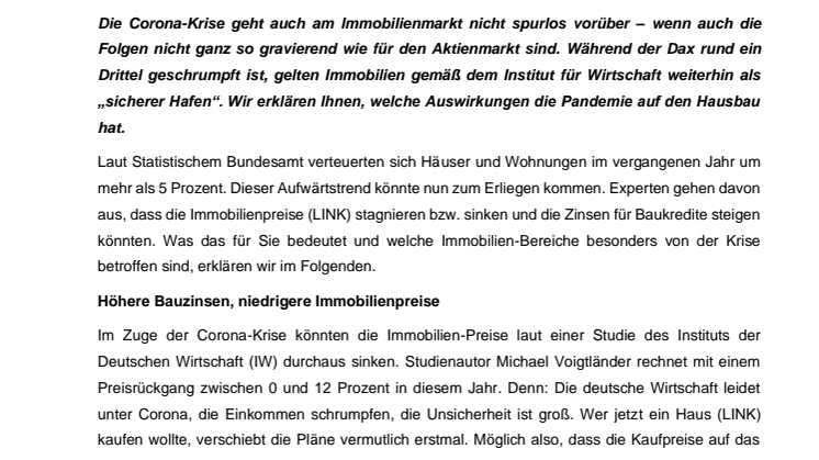 Abschied vom Immobilien-Boom? Auswirkungen der Corona-Krise auf den Hausbau