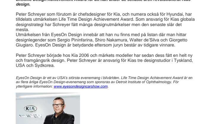 Kia’s Peter Schreyer får ”Life Time Design Achievement Award”