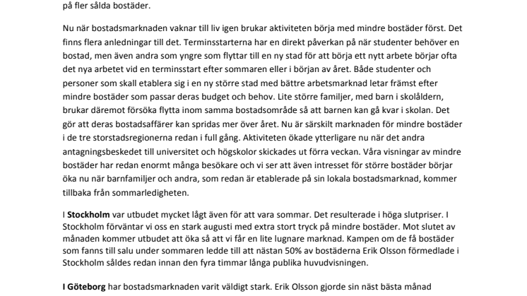 Erik Olsson Fastighetsförmedling kommenterar bostadsmarknaden 14 augusti 2015