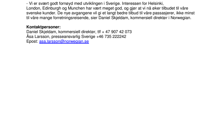 Norwegian ekspanderer i Sverige og øker til ni fly i Stockholm