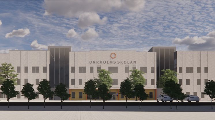 Orrholmsskolan ska bli en stor modern skola för omkring 640 elever. Bilden är beskuren och visar inte hela skolan. Bild: Sweco
