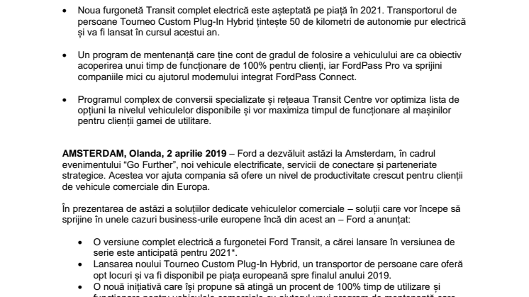 Ford dezvăluie un viitor electrificat și mai conectat pentru gama de vehicule comerciale în cadrul evenimentului “Go Further”