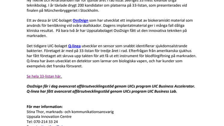OssDsign och Q-linea bland Sveriges 33 hetaste teknikbolag