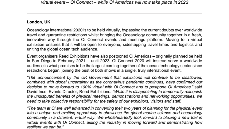 Oceanology International 2020 goes virtual; Oceanology International Americas postponed
