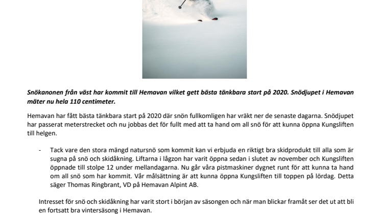 Bästa tänkbara start på 2020 med över en meter snö i Hemavan