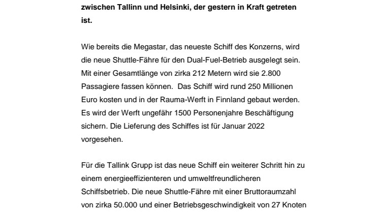 Schiffbauvertrag zwischen der Tallink Grupp und Rauma Marine Constructions tritt in Kraft