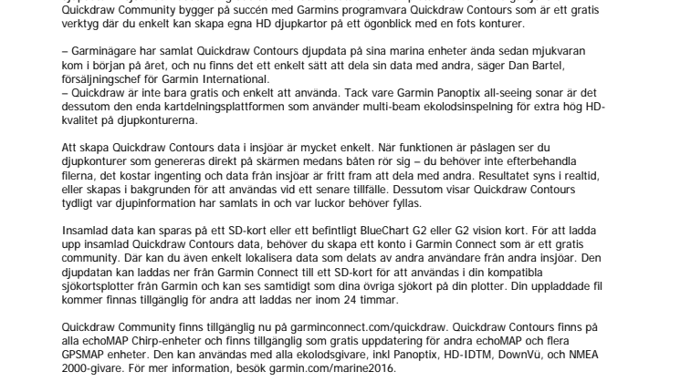 Garmin® presenterar Quickdraw Community med gratis användargenererad djupdata i insjöar