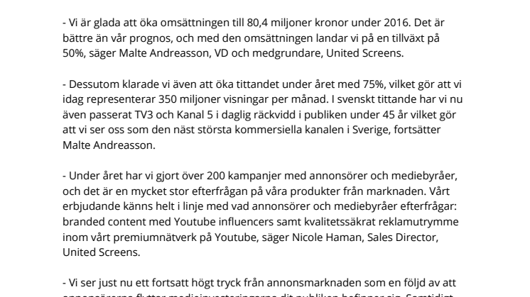 ​United Screens fortsätter växa kraftig kraftigt och ökar omsättningen 50% under 2016