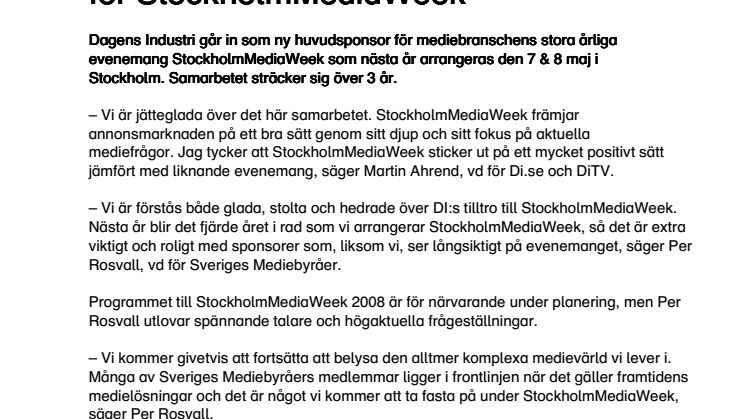 Dagens Industri blir ny huvudsponsor för StockholmMediaWeek