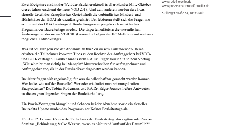 20. Kölner Bauleitertage: VOB 2019/BGB, Mängel und Bauleiterhaftung