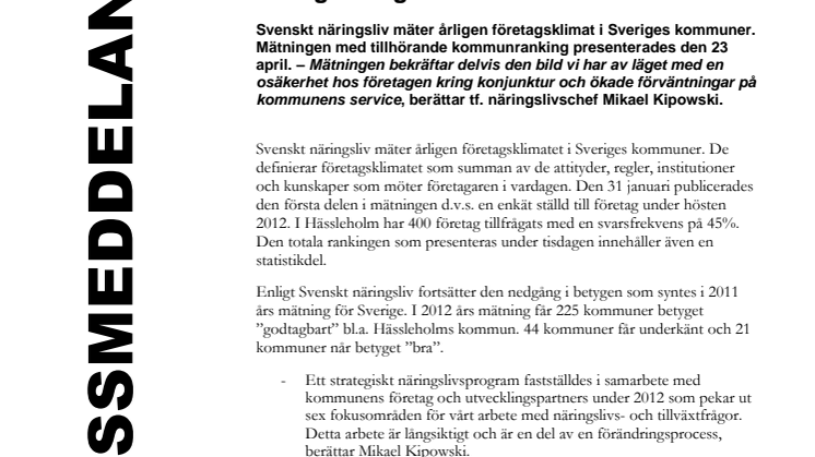 Hässleholm tappar placeringar i Svenskt näringslivs mätning av lokalt företagsklimat, men klättrar i Fastighetsägarnas