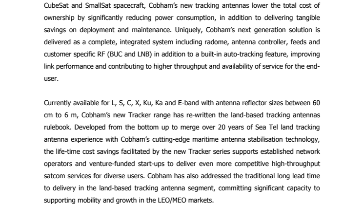Cobham SATCOM - Satellite 2017: New LEO/MEO Earth Station Antennas Cut Operational Costs 