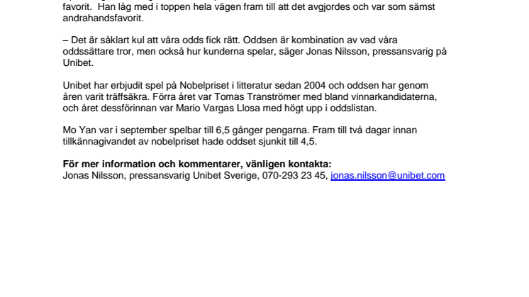 Unibets oddsfavorit Mo Yan tilldelades Nobelpriset i litteratur