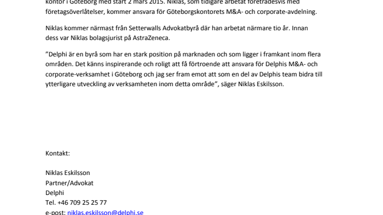 Niklas Eskilsson ny partner på Delphi