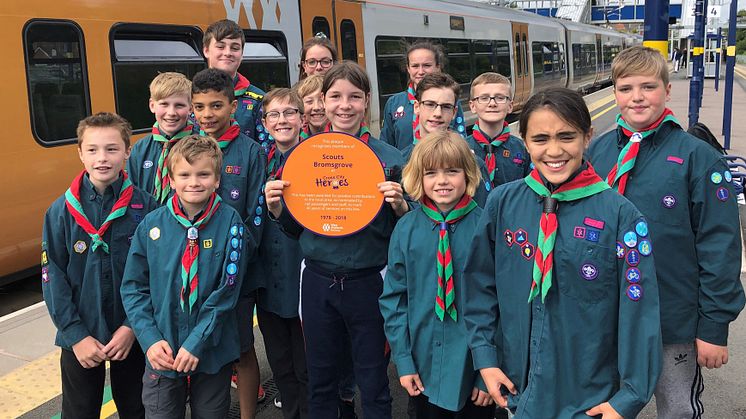 Scouts Bromsgrove members from Finstall Scout Troop with their Cross City Heroes plaque. This will be displayed at Barnt Green station this summer.  Credit - Peter Dodman