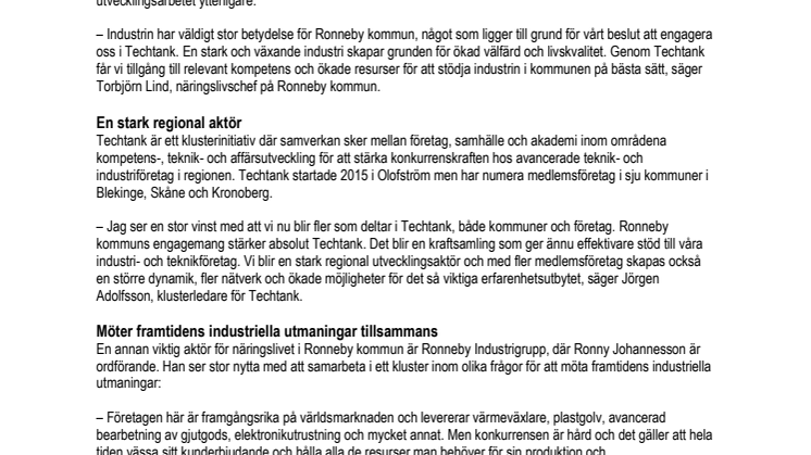 Ronneby kommun satsar på industrin via Techtank