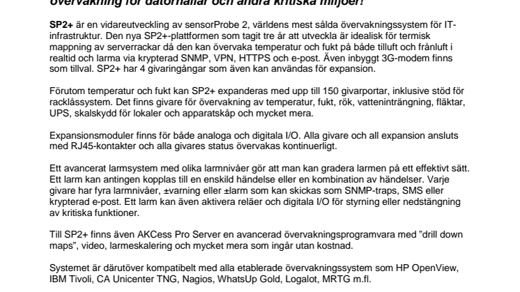 SensorProbe 2+ med SNMPv3/VPN-baserad övervakning för datorhallar och andra kritiska miljöer 