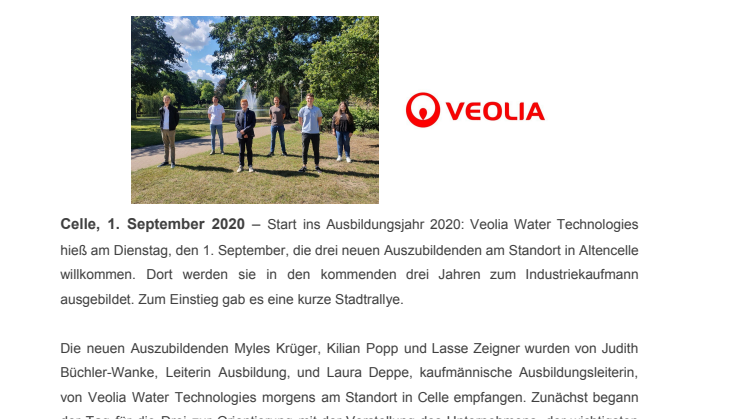 Ausbildungsstart bei Veolia Water Technologies