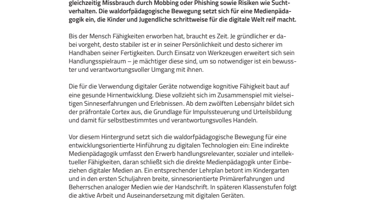 Erst die analoge, dann die digitale Welt. ​Internationale Konferenz der waldorfpädagogischen Bewegung setzt sich für eine entwicklungsorientierte Medienpädagogik ein