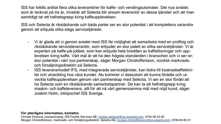 ISS och Selecta tecknar samarbetsavtal 