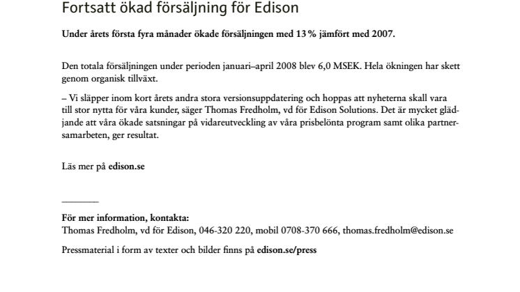 Fortsatt ökad försäljning för Edison